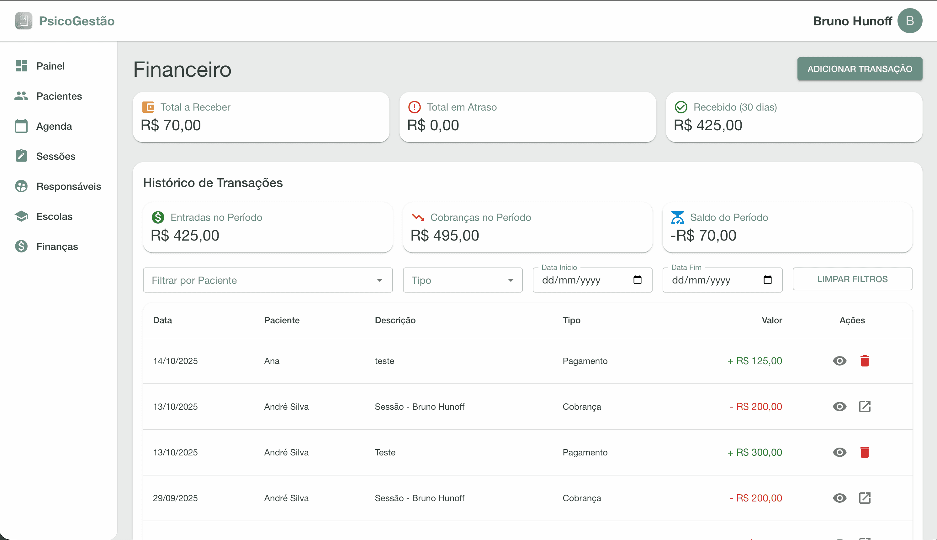 Screenshot da tela de finanças