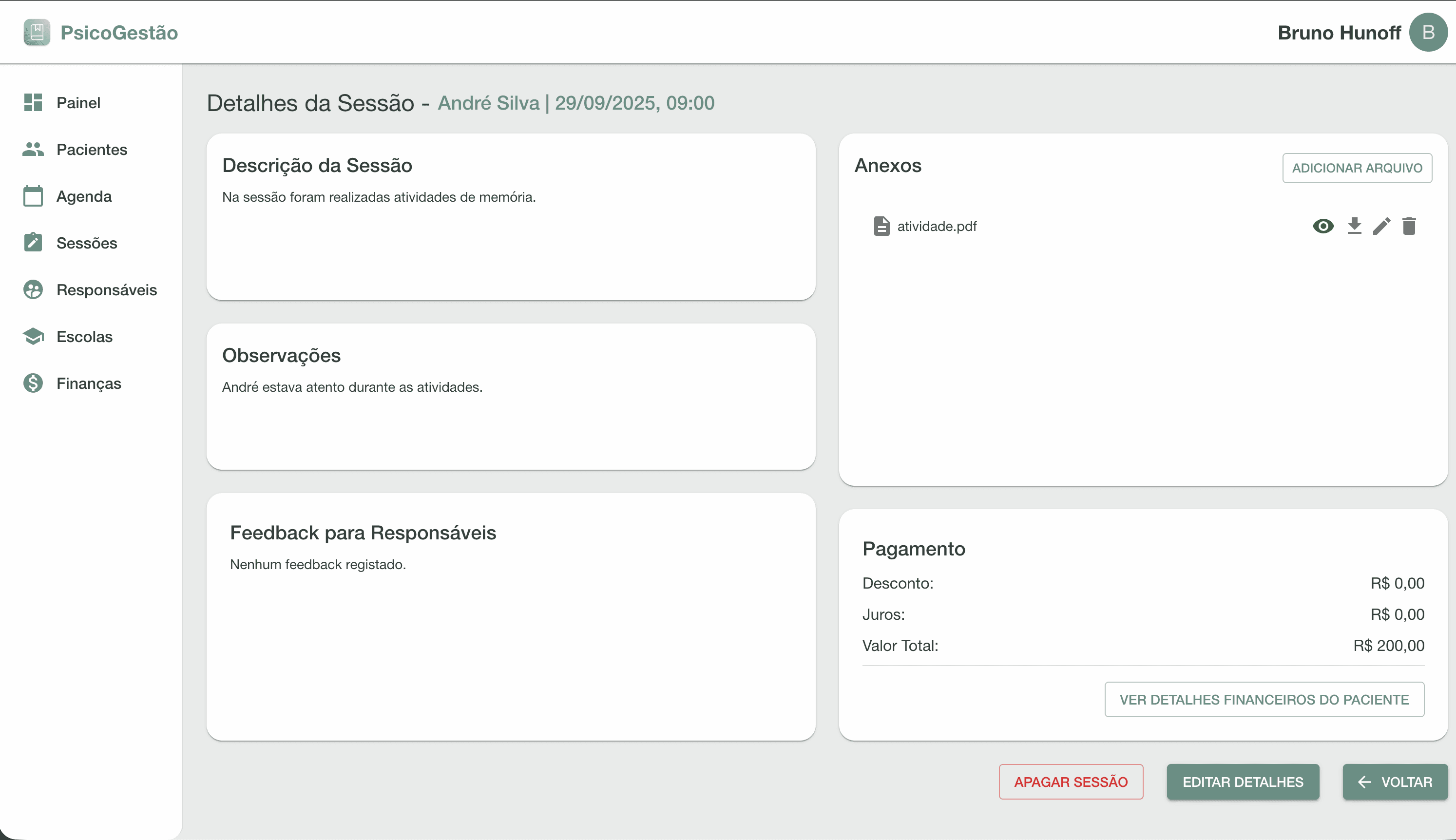 Screenshot da tela de sessão de paciente